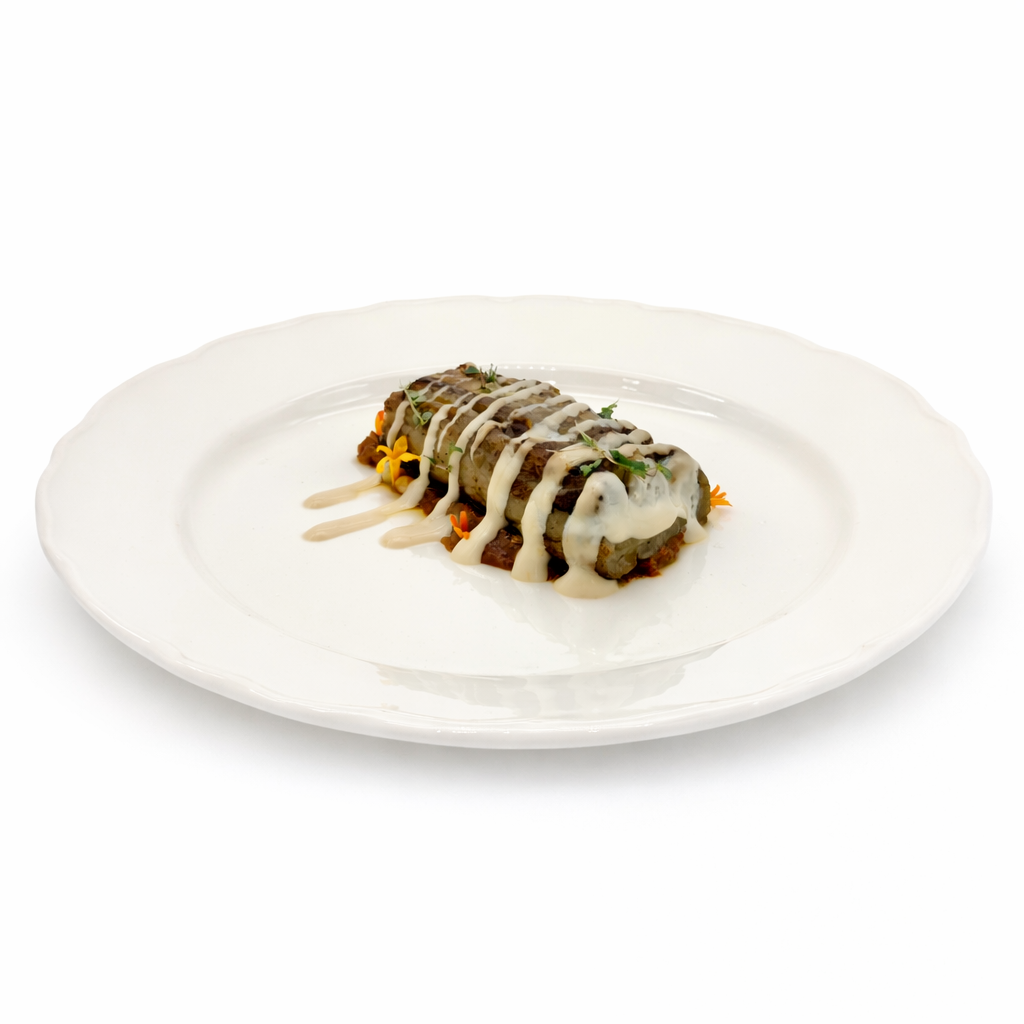 Berenjena asada con pure de berenjena, mole y yogur