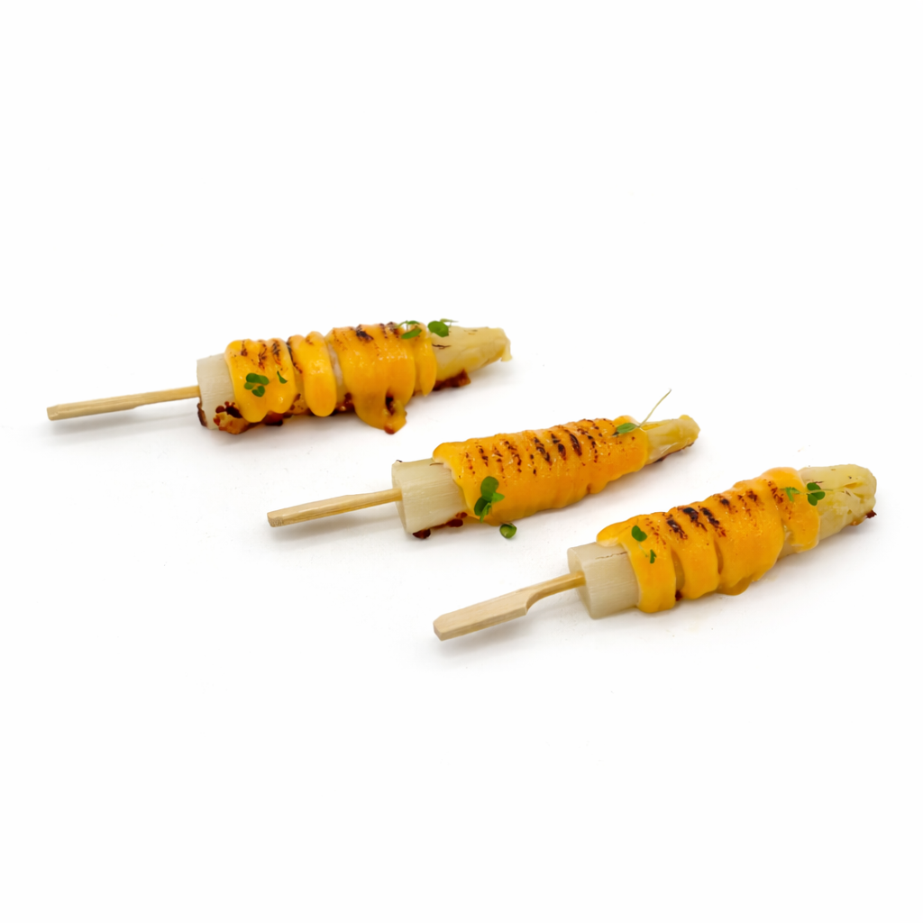 Pack de 20 Brochetas de esparrago blanco con holandesa de miso + crujiente de ibérico