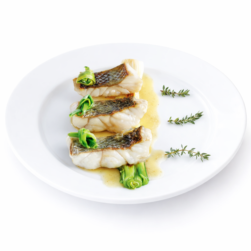 Lubina en salsa meunière con pimientos del piquillo confitados
