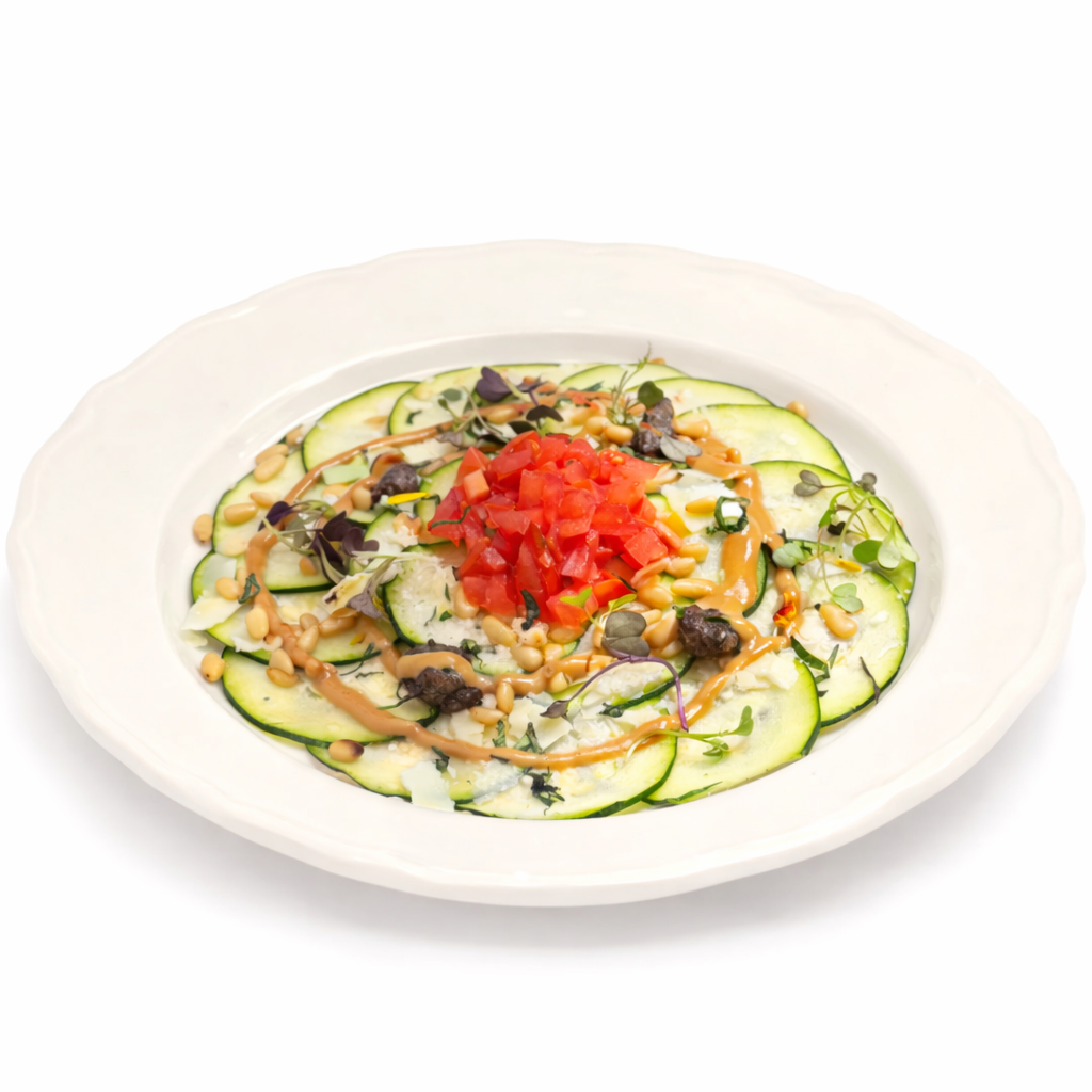 Carpaccio de calabacín, peccorino, tartar de tomate, albahaca y piñones