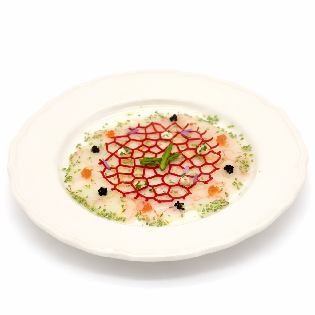 Carpaccio de gamba con vinagreta, aceite de yuzu y perlas