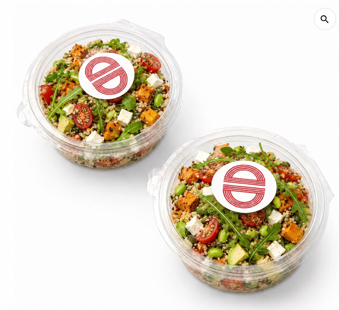 Pack de 6 mini bowls de ensalada de quinoa con tomate seco, rúcula, queso feta, calabaza y edamame