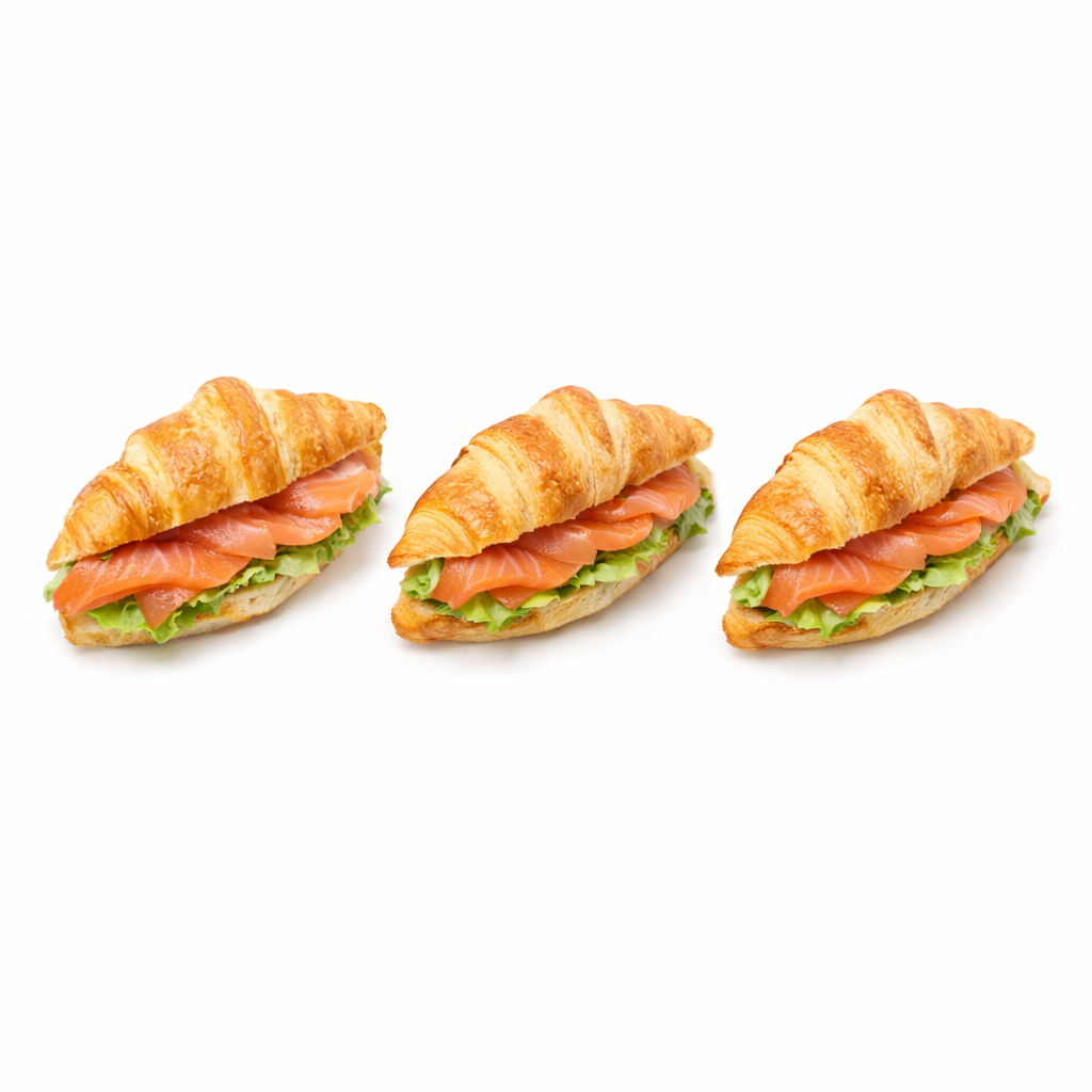 Pack de 8 mini croissants rellenos de queso crema, salmón ahumado, salsa de eneldo y lechuga