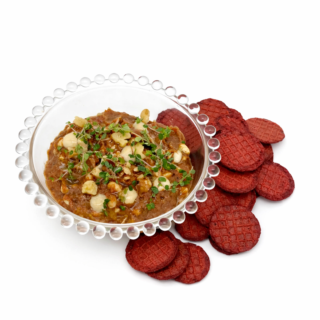 Dip de berenjena, sésamo, mole y piñones.