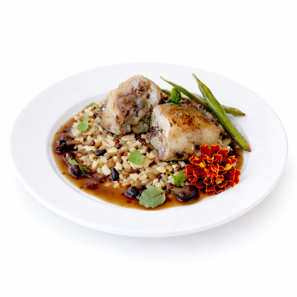 Codorniz rellena de higos, setas y piñones con salsa de foie y arroz salvaje